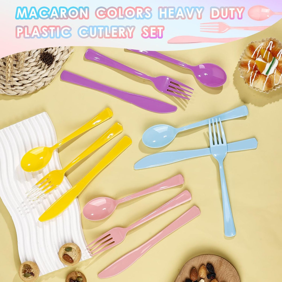 300 Pack Pink Blue Purple Yellow Disposable Plastic Silverware Heavy Duty, Plastic Cutlery Set,Forks and Spoons Knives Set for Birthday Party Prom Night, Weddings, (Macaron Colors)