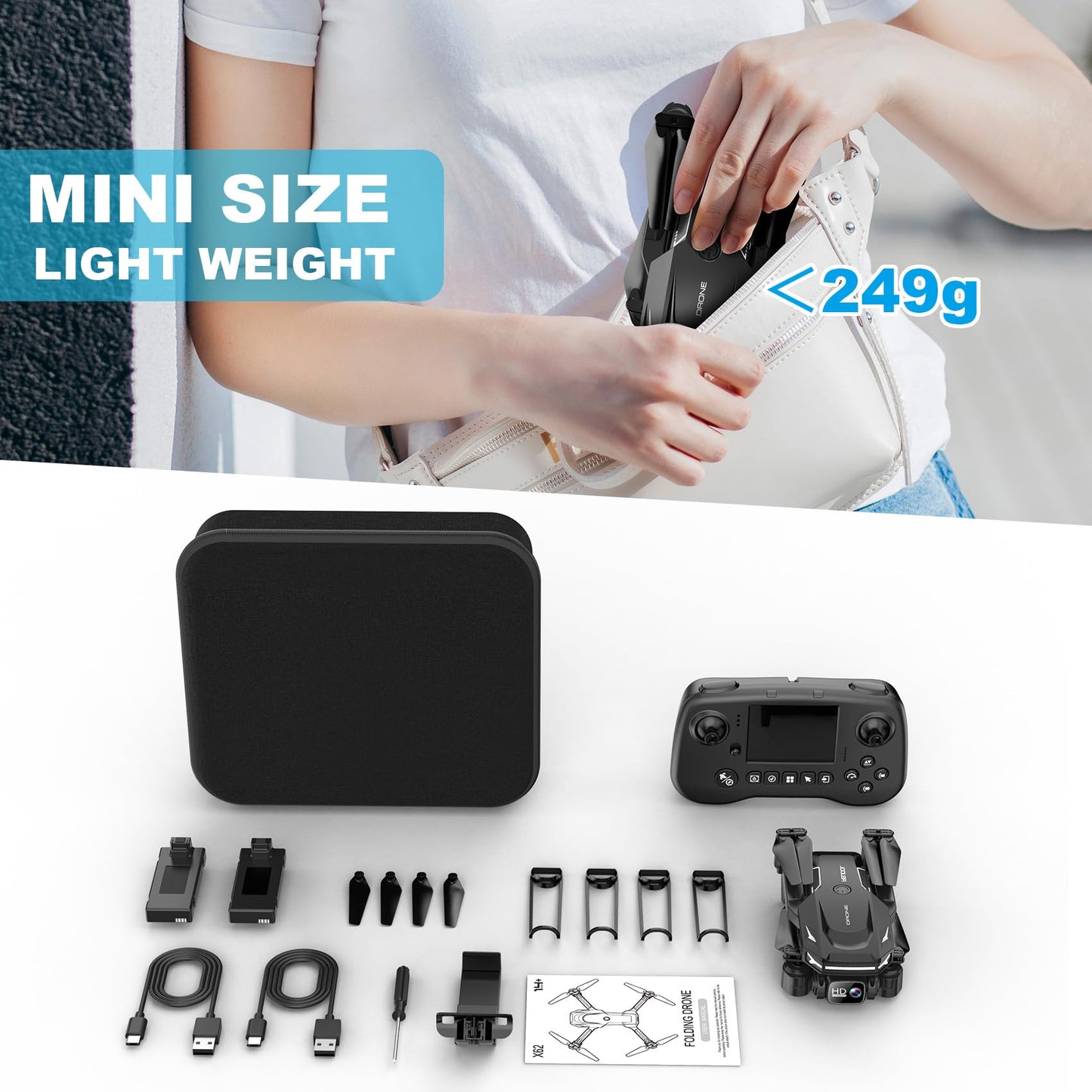 Drone with Camera - Drone with Screen on Controller for Beginners, Foldable Remote Control Quadcopter with Gesture Control, 3D Flip, One Key Start, Emergency Stop, 2 Batteries, Easier to use