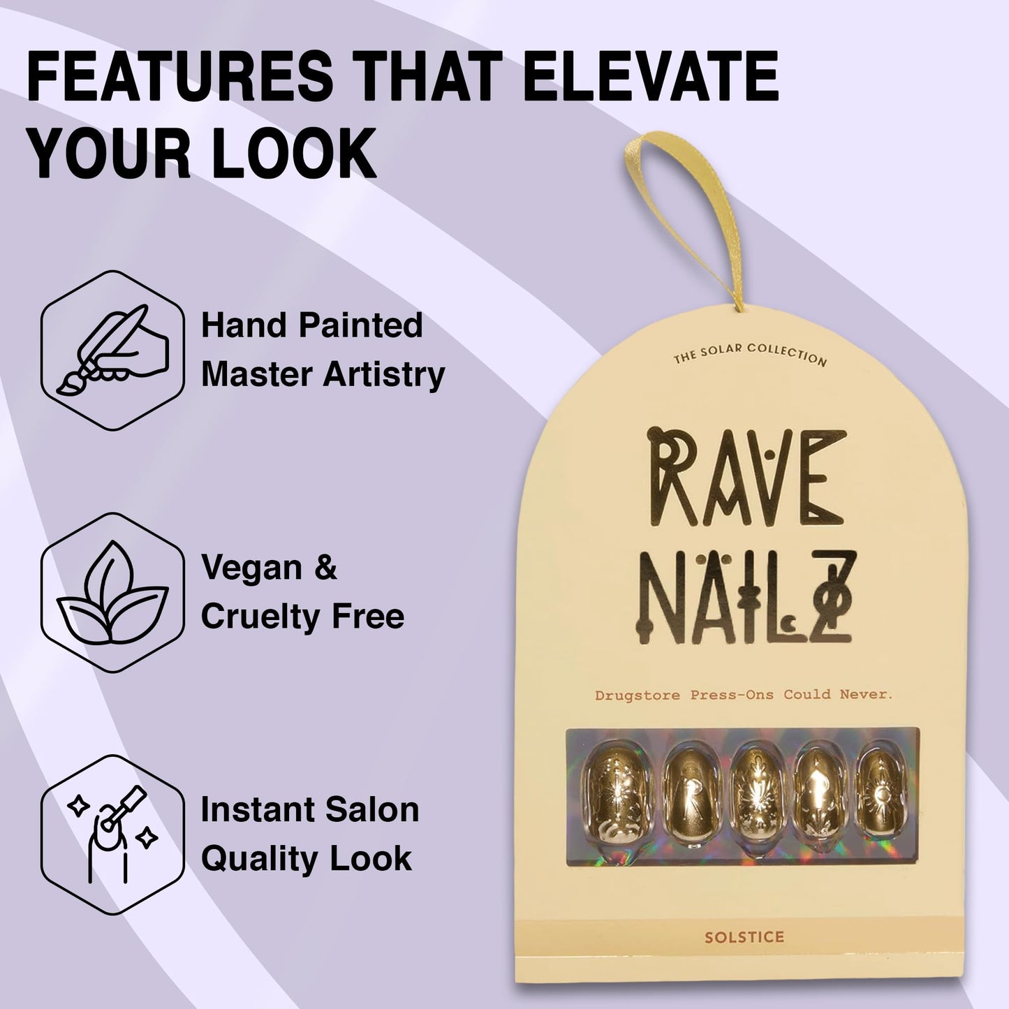 Rave Nailz Solstice Gilded Relic Press on Nails (24 Count) | Gold Foil 3d False Oval Press on Nail Egyptian-Inspired Short Metallic | Chip-Resistant Holiday Nails with Glue, File, Long-Lasting 2+week