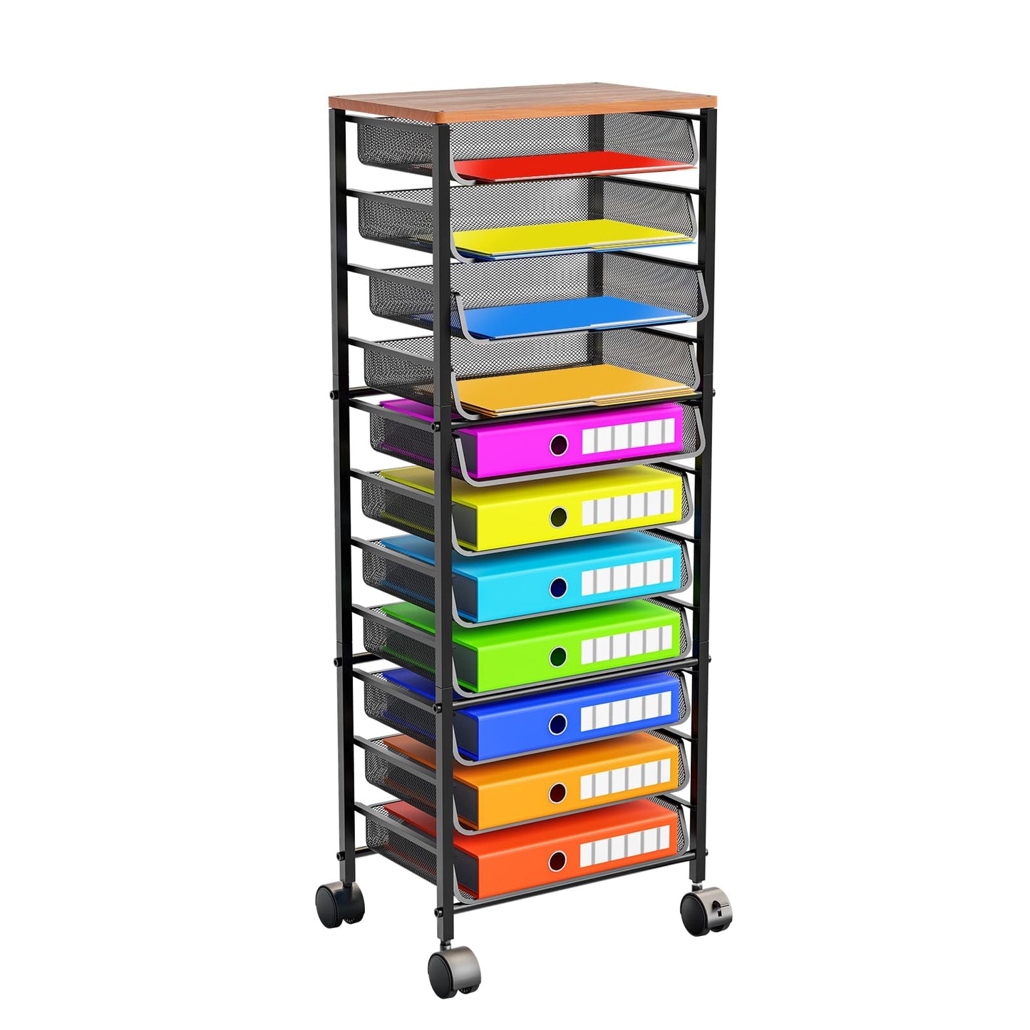 Simple Trending 12 Tier Rolling File Cart,Wood Desk File Organizer with Sliding Trays and Wetal Mesh Paper Letter Storage Multi-Functional Rolling Clutter Cart for Office, Home, School, Black