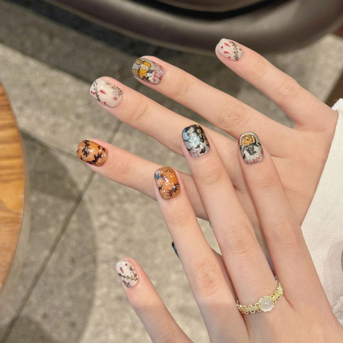 Halloween Press on Nails Short Square Handmade Press on Nails Bat Pumpkin Spider Web Designs Glitter False Nails Full Cover Artificial Cute Acrylic Nail for Women (Size M)