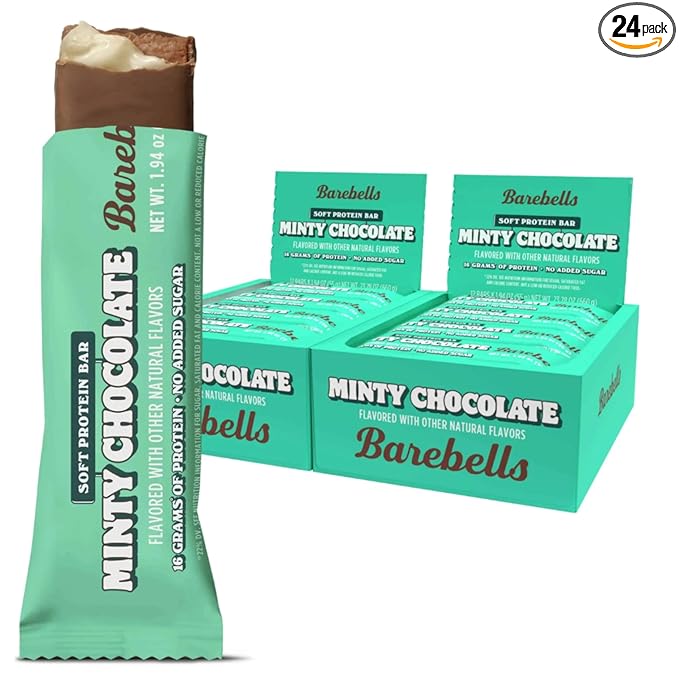 Barebells Soft Protein Bars Minty Chocolate - 24 Bars (2 Packs of 12) -16g High Protein Treats - Chocolate Nutrition Bar with 1g Total Sugars - On The Go Breakfast or Post-Workout Snack