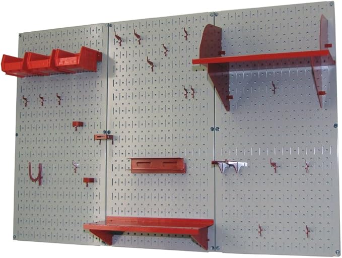 Wall Control Pegboard Organizer 4 ft. Metal Pegboard Standard Tool Storage Kit with Gray Toolboard and Red Accessories