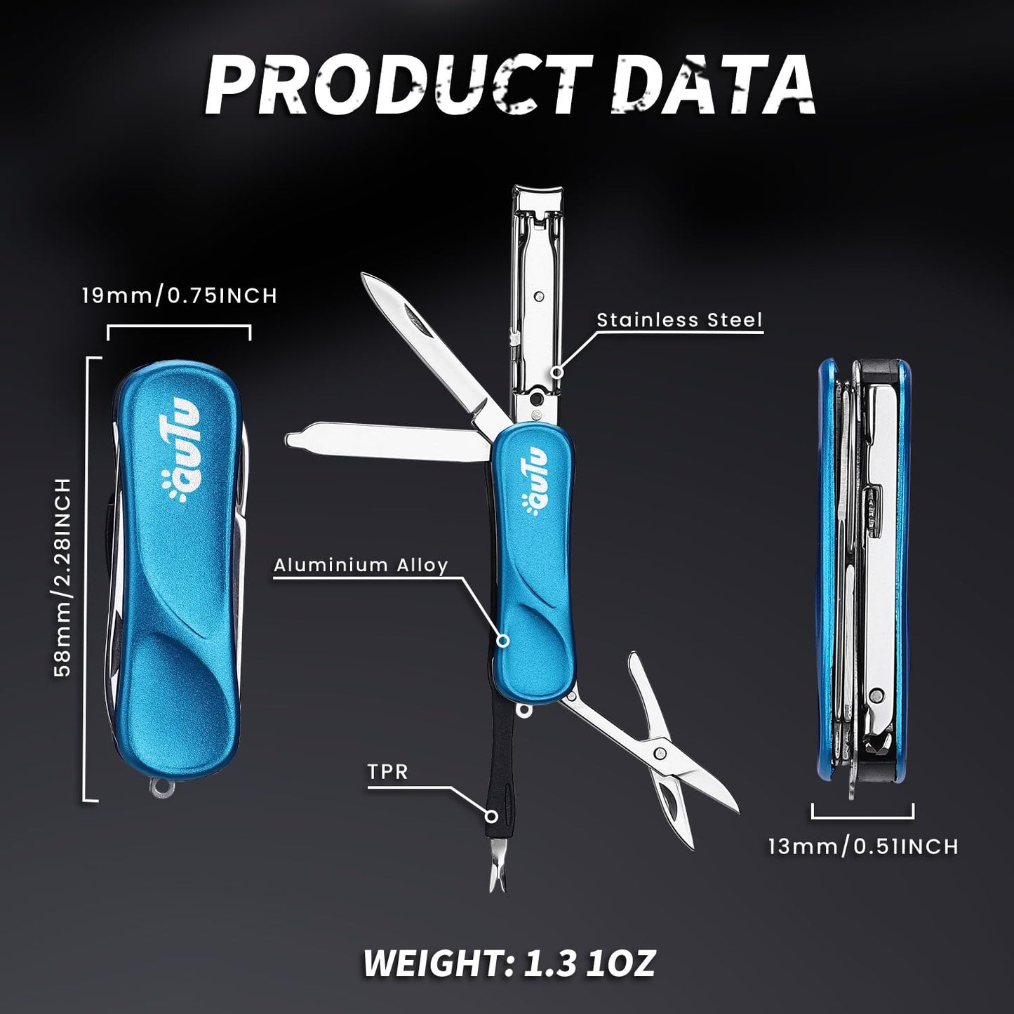 OUTU Keychain Nail Clippers Multitool, 7 in 1 EDC Utility Tool with Nail Clipper, Scissors, Manicure Sets Gifts for Him Men Husband Dad Boyfriend (Blue)