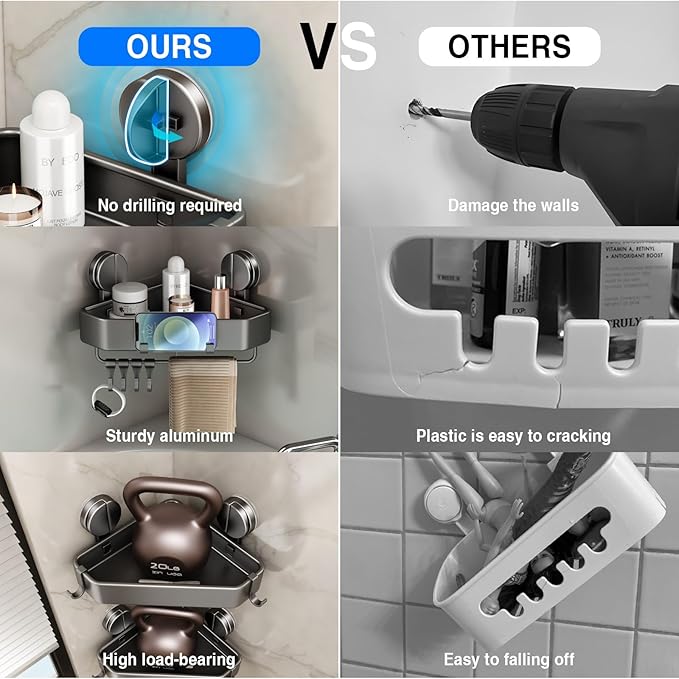Suction Cup Shower Caddy Corner, 1 Pack Suction Corner Shower Shelves No Drilling, Rustproof Shower Organizer Suction Cup with Towel Holder & Hooks Removable Bathroom Storage Rack(Gray)