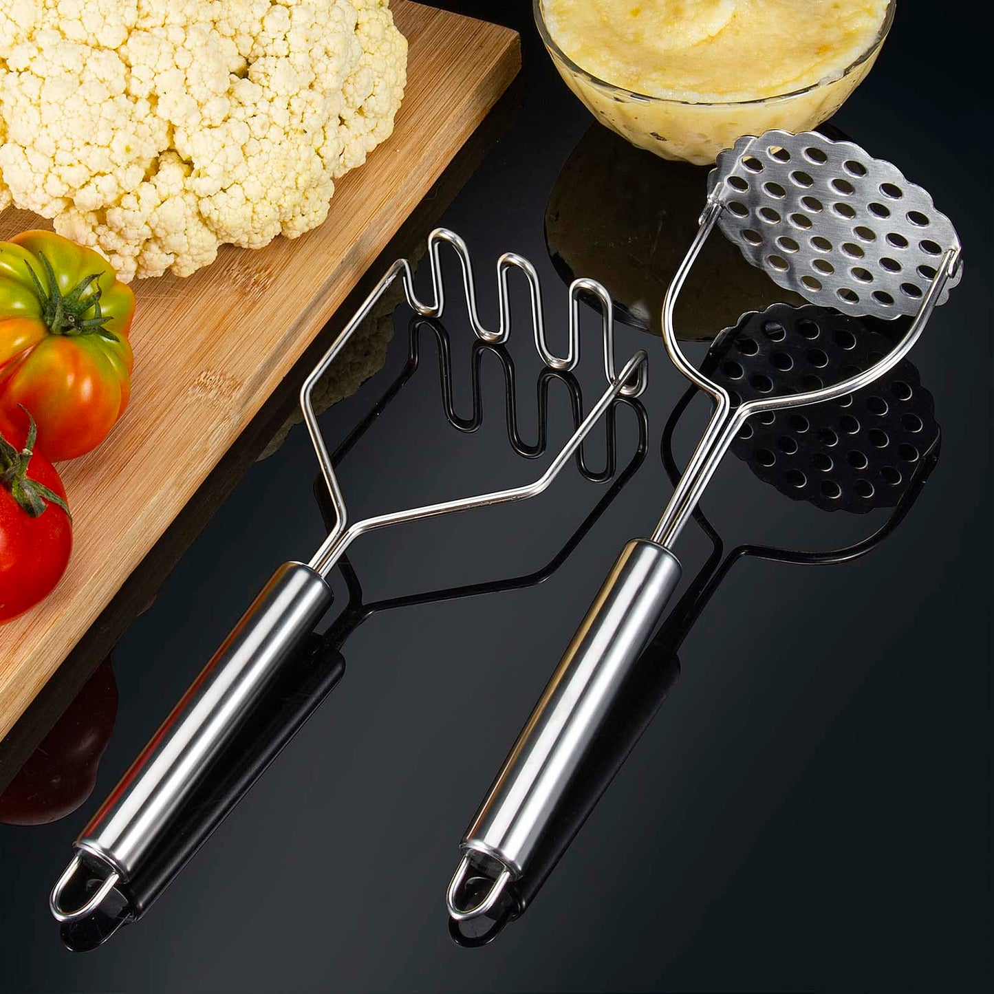 VOOVAO 2 Pcs Potato Smasher, Mashed Potato Masher, Stainless Steel Masher Kitchen Tool for Avocado, Bean, Fruit, Vegetables, Food