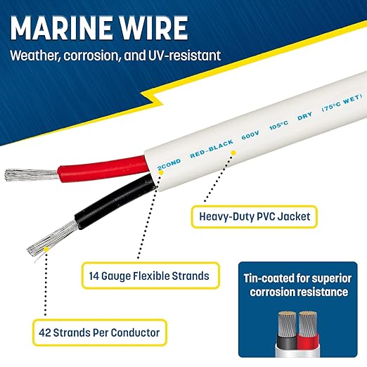 GS Power 200 Ft Duplex Marine Wire, 14 Gauge Wire, Oxygen-Free Tinned Copper 14 AWG Electrical Boat Wiring, Sheathed Copper Marine Grade Electrical Cable for Boat Automotive RV Camper Trailer