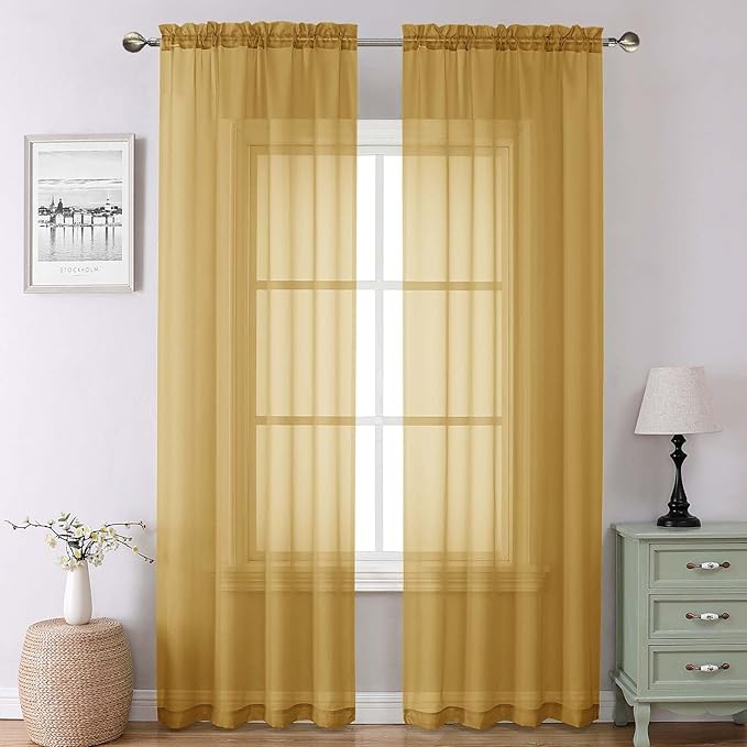 Lecloud Gold Sheer Curtains 90 Inches Long 2 Panels, Breathable Solid Voile Light Filtering Curtain, Lightweight Home Decor Drapes with Rod Pocket for Bedroom Living Room, Each 42" W x 90" L
