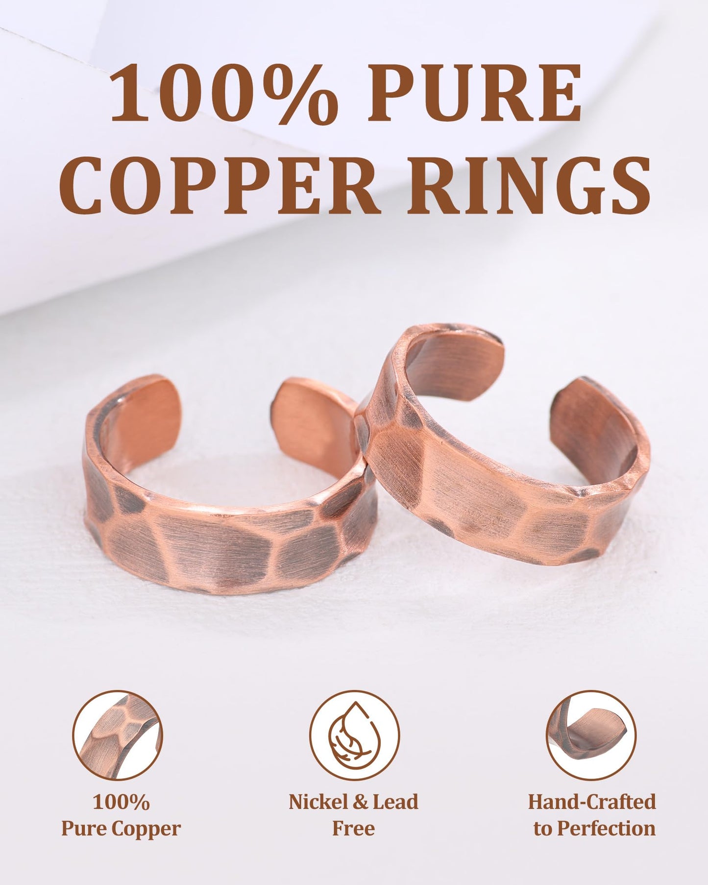 Fashtour 100% Pure Copper Rings for Women & Men (Two-Pack) — Solid Raw Copper — Uncoated Handmade Adjustable Open-End Tibetan Style Rings (Hammered)