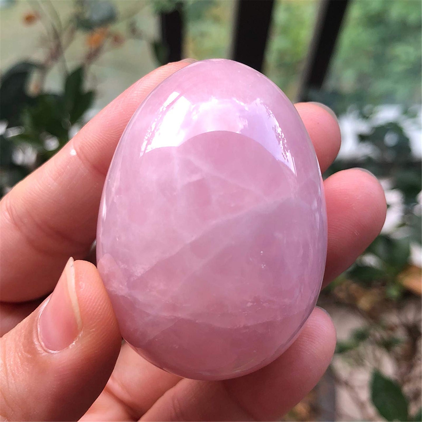 Fekuar Stone Egg Figurine, Polished Healing Crystal Easter Eggs Sphere Sculpture with Wood Stand, Natural Rose Quartz, 1.8"