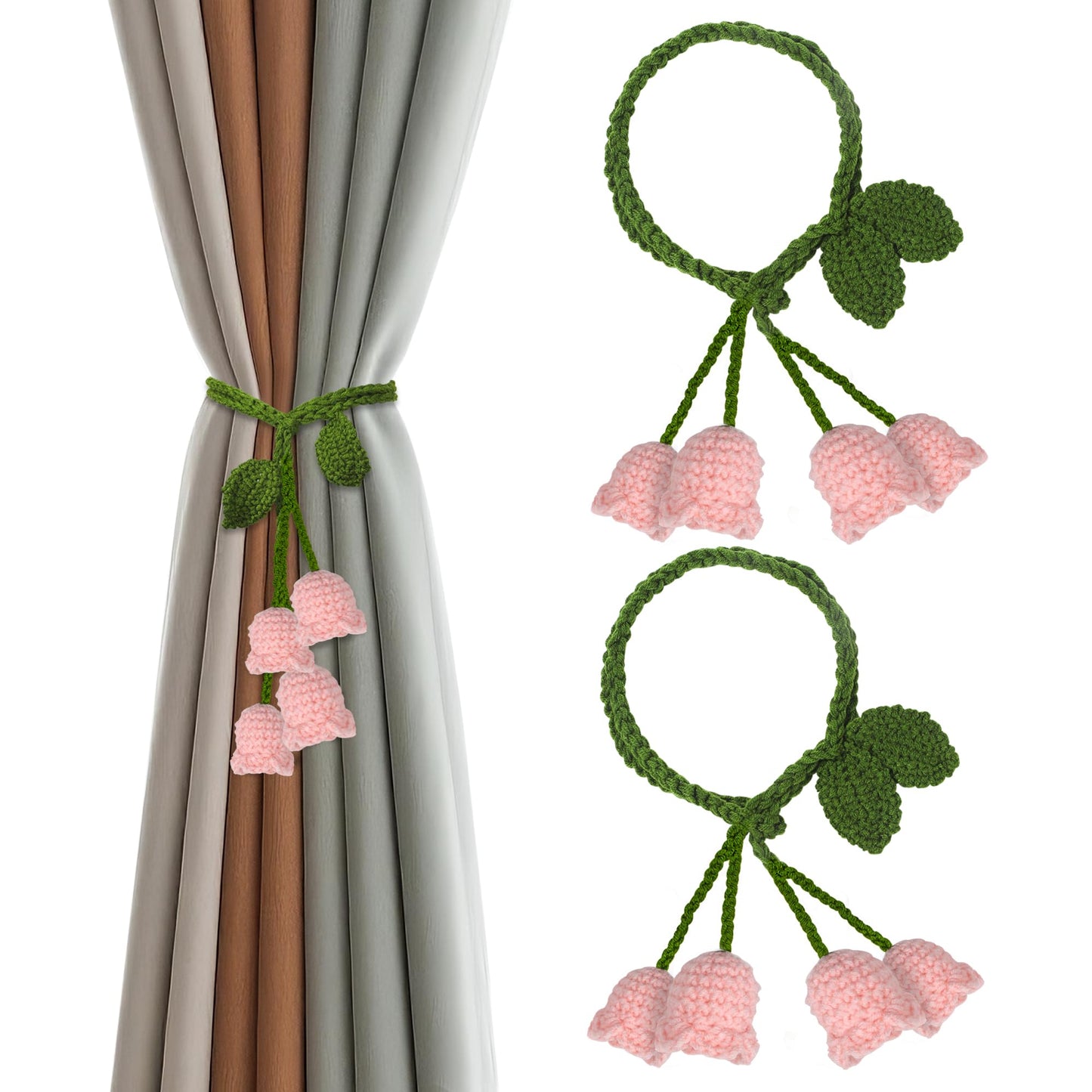 OCIOLI 2 Pack Boho Handmade Flower Curtain Tiebacks Curtain Holdbacks - No Drill Rope Curtain Holder, Drapery Holdback Decorative Pull Backs for Nursery & Bedroom Decor (2, Pink Lily of The Valley)