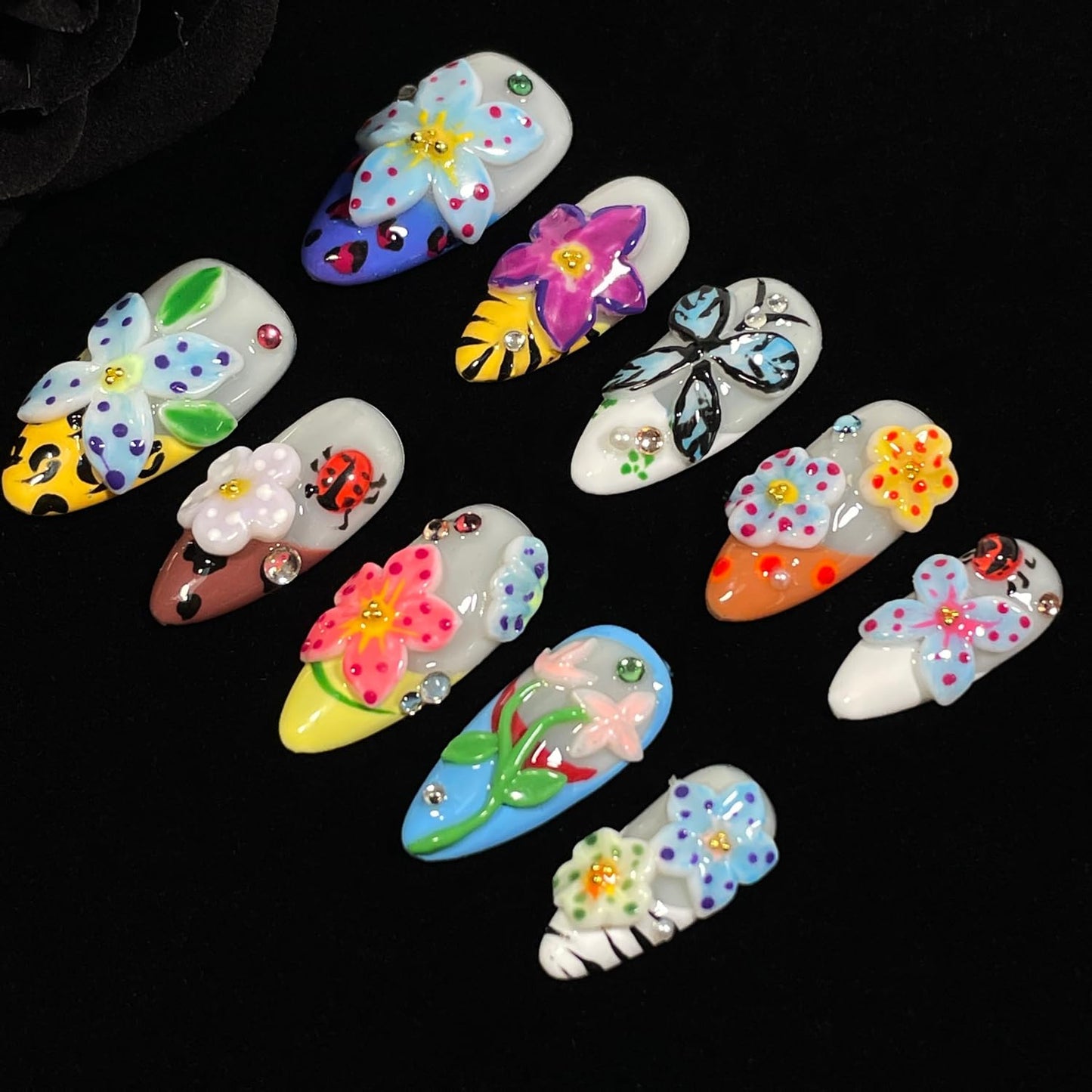 Handmade Press On Nails 3D Floral & Butterfly with Red Ladybug Fake Nails Medium Almond Acrylic Nail Tips Luxury Enchanted Garden Stick on False Nails Dreamy Nails (Garden, S)