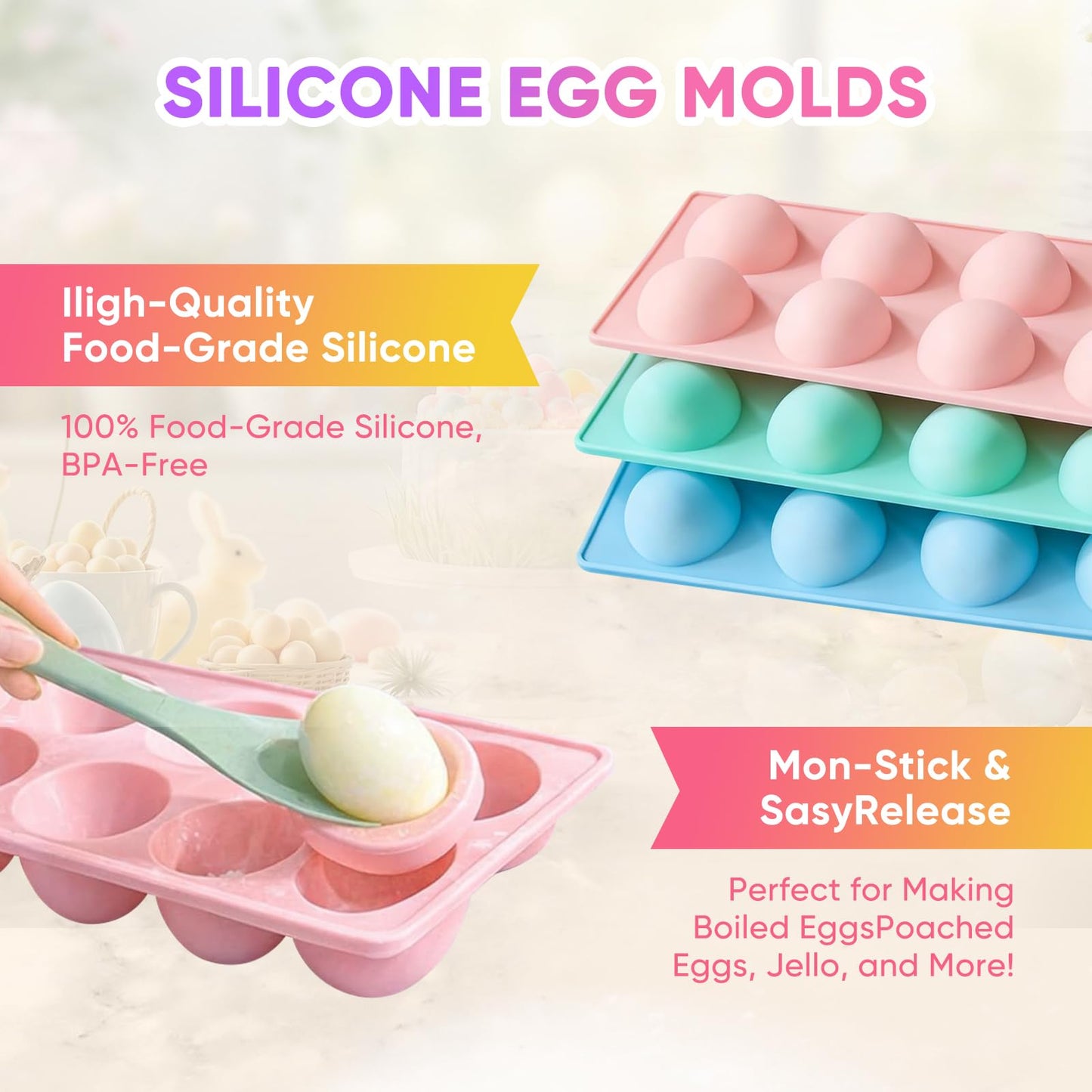 Easter Egg Silicone Molds for Baking,3Pcs 24 Cavity Non-Stick Egg-Shaped Chocolate Mold and Tool Set,Suitable for Candy, Cake Pop,Soap,Ice Cube and Jelly Baking Supplies