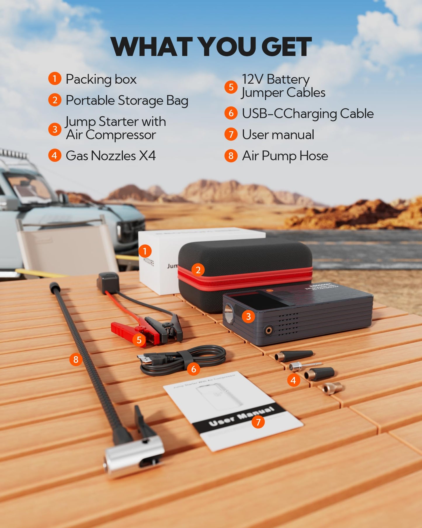 Car Battery Jump Starter with Air Compressor,44.4Wh Battery Jump Box with Tire Inflator,Jump Booster with Smart Jumper Cables,LED Light Emergency Car Kits for Vehicles,Arrancador Ae Batería