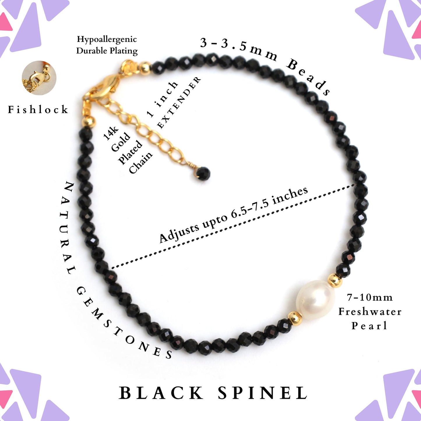 Gempires Black Spinel Beaded Bracelet with Pearl, Handcrafted Fresh Pearl and Gemstone Beads Adjustable Bracelet in 14k Hypoallergenic Gold Plated, Gift for Her (7.5 + 1 Inch Extender)