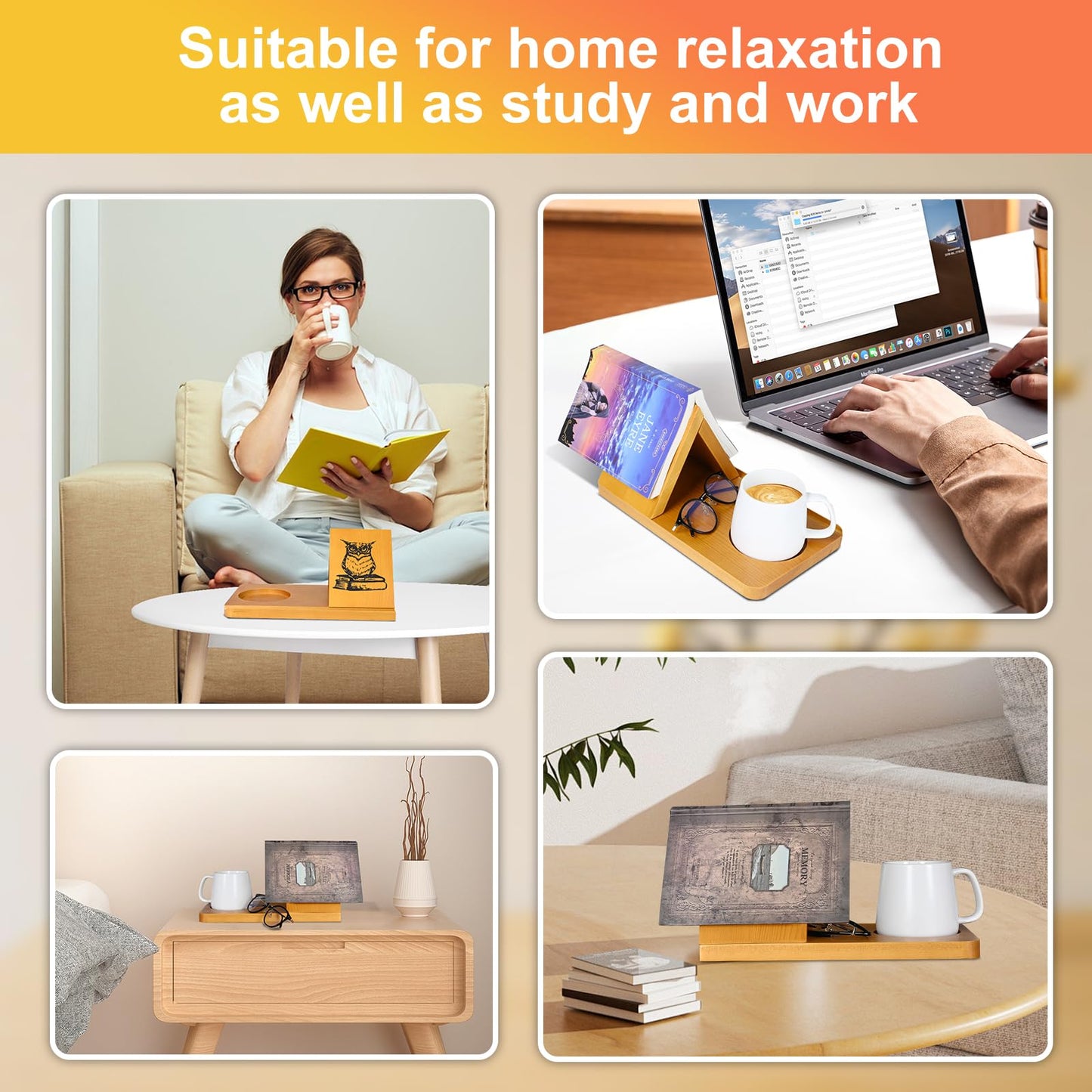 Eadvreit Book Stand, Wooden Triangle Book Holder, Book Rest with Cup Holder, Small Bookshelf Suitable for Reading or Desktop Decoration, Coffee and Book Lovers Gifts