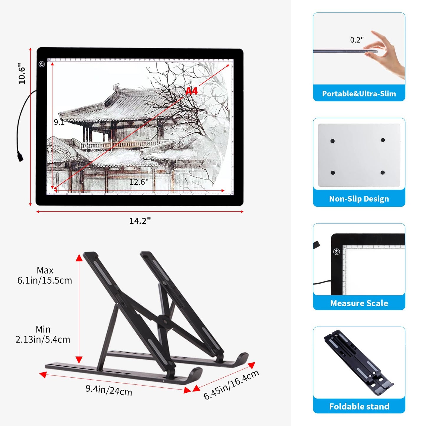 A4 Light Board for Diamond Painting - Tracing Light Box with Stand, Stepless Dimmable 3 Levels Brightness Light Pad, Ultra-Thin LED Light Pad for Weeding Vinyl, Drawing, Diamond Painting