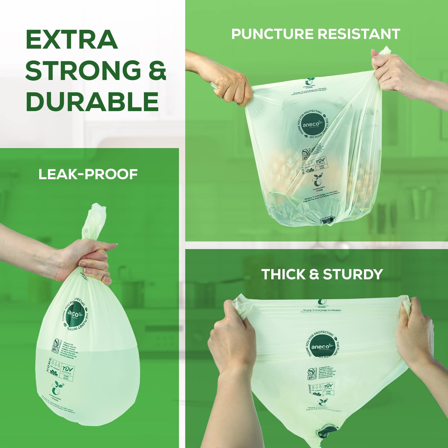 (Include 10 Bonus Bags) ANECO 100% Compostable Waste Bags 2.6 Gallon, Extra Thick Kitchen Small Compost Bags for Countertop Bin, 110 Count (100 + 10 Extra)