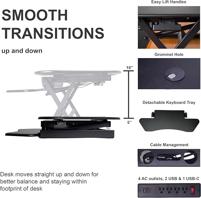 Rocelco 46" Height Adjustable Corner Standing Desk Converter with AC Outlet USB Charger and Dual Stand - Tabletop Computer Riser Workstation - Large Keyboard Tray - Black (R CADRB-46-ACUSB-DMS)