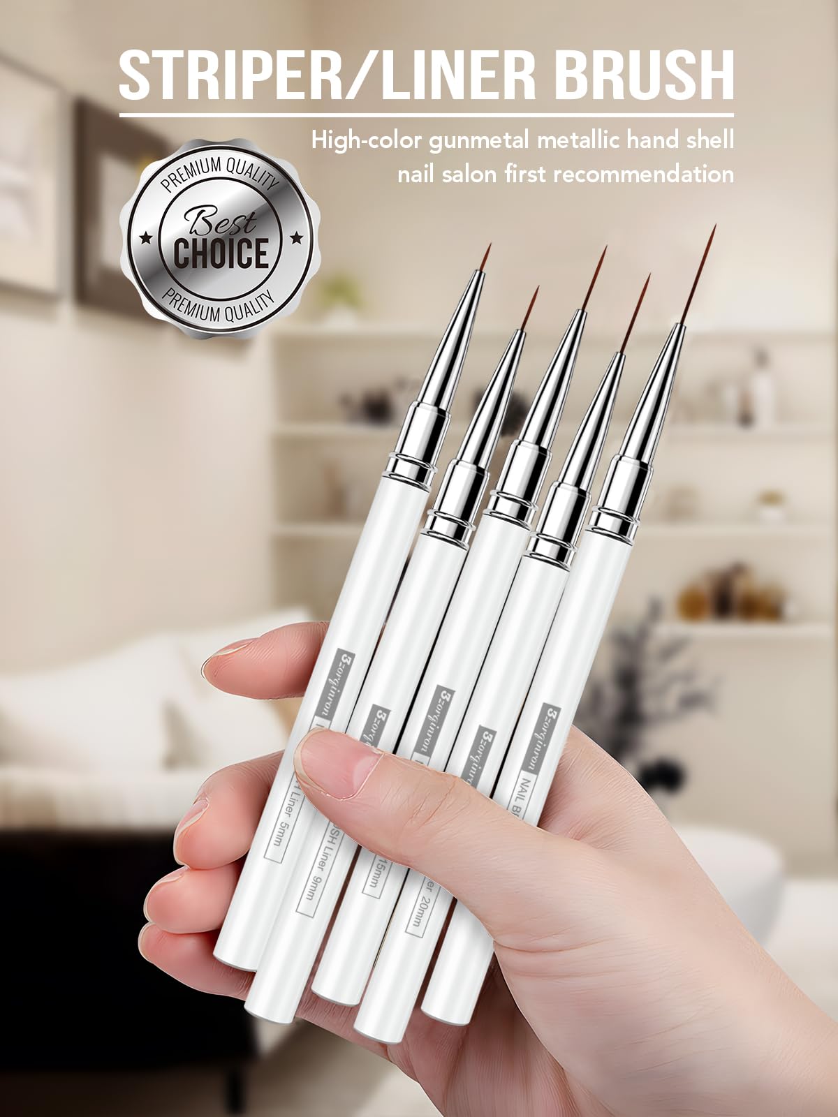 Nail Liner Brush, Fine Line Nail art Brushes 5/9/15/20/25mm Thin Line Nail Brushes Detail Drawing, Liner Brush for Nails Gel (White)