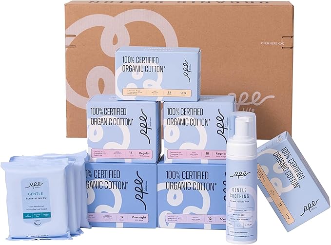 Feminine Care Bundle, Period Essentials 100% Organic Cotton Pads for Women, Size 2,3,5 Sanitary Napkins 124 Ct, Flushable Gentle Feminine Wet Wipes, Plant-Based Soothing Feminine Wash