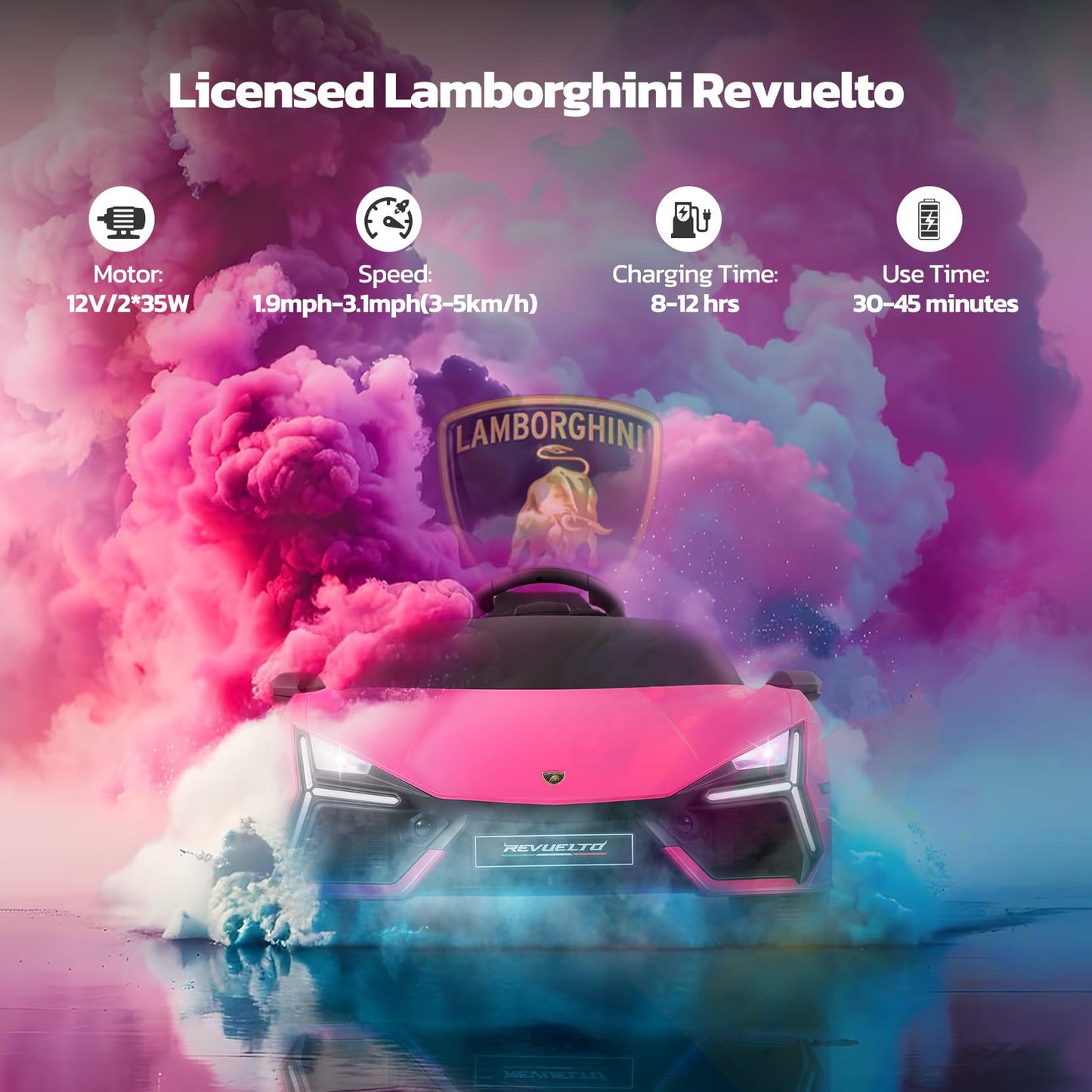 ELEMARA Licensed Lamborghini Ride On Car with Scissor Door,Electric car for Kids with Remote Control,12V Kids Car with Bluetooth,LED Light,MP3 Player and Wide Seat(Pink)