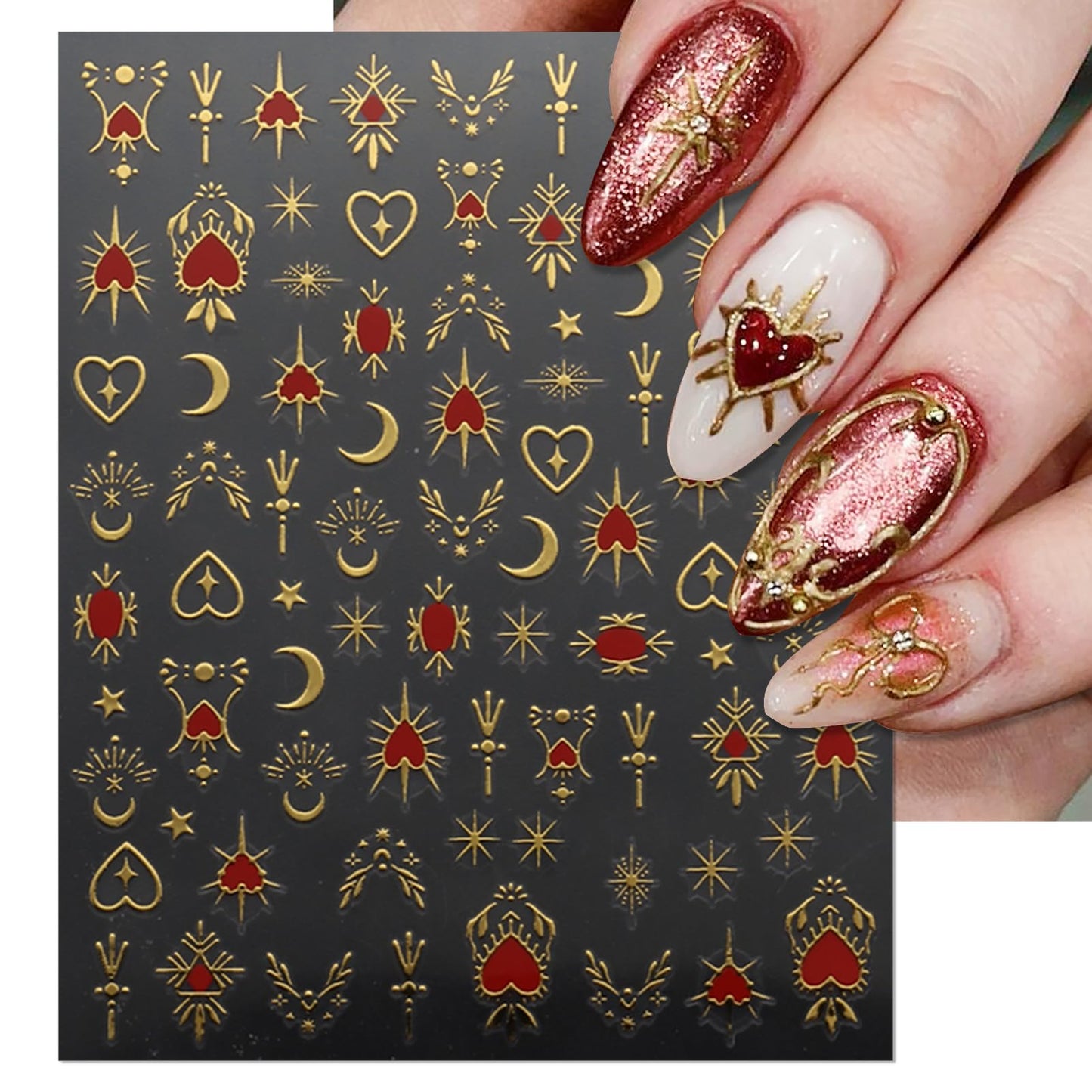 IDDFEVE 9 Sheets Gold Heart Nail Art Stickers - Valentines Day Self-Adhesive 3D Nail Decals for DIY Golden Silvery Manicure