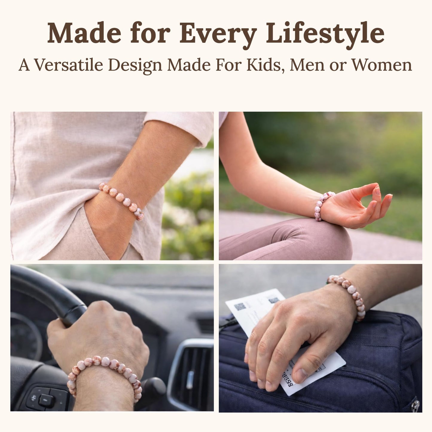 Elm City Direct 8mm Natural Stone Beaded Bracelet – Unisex Crystal Stretch Bracelets for Men & Women, Chakra & Healing Jewelry, Gift-Ready Beaded Bracelets (Pink Zebra Jasper, 8mm)