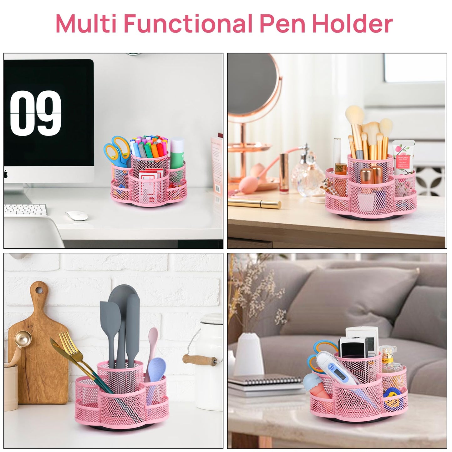 Topwey Pink Pen Holder for Desk, Rotating Pencil Holder, Cup Holder for Desk Office, Pen Organizer