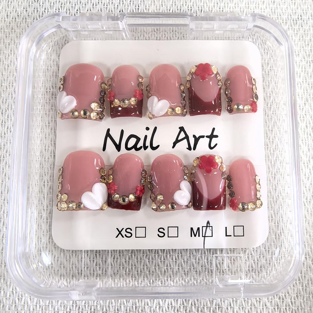 Handmade Press on Nails Square Short Fake Nails French Tip Red with 3D Flower Designs Rhinestones luxury Glossy Cute Acrylic Nails for Women 10pcs (Size M）