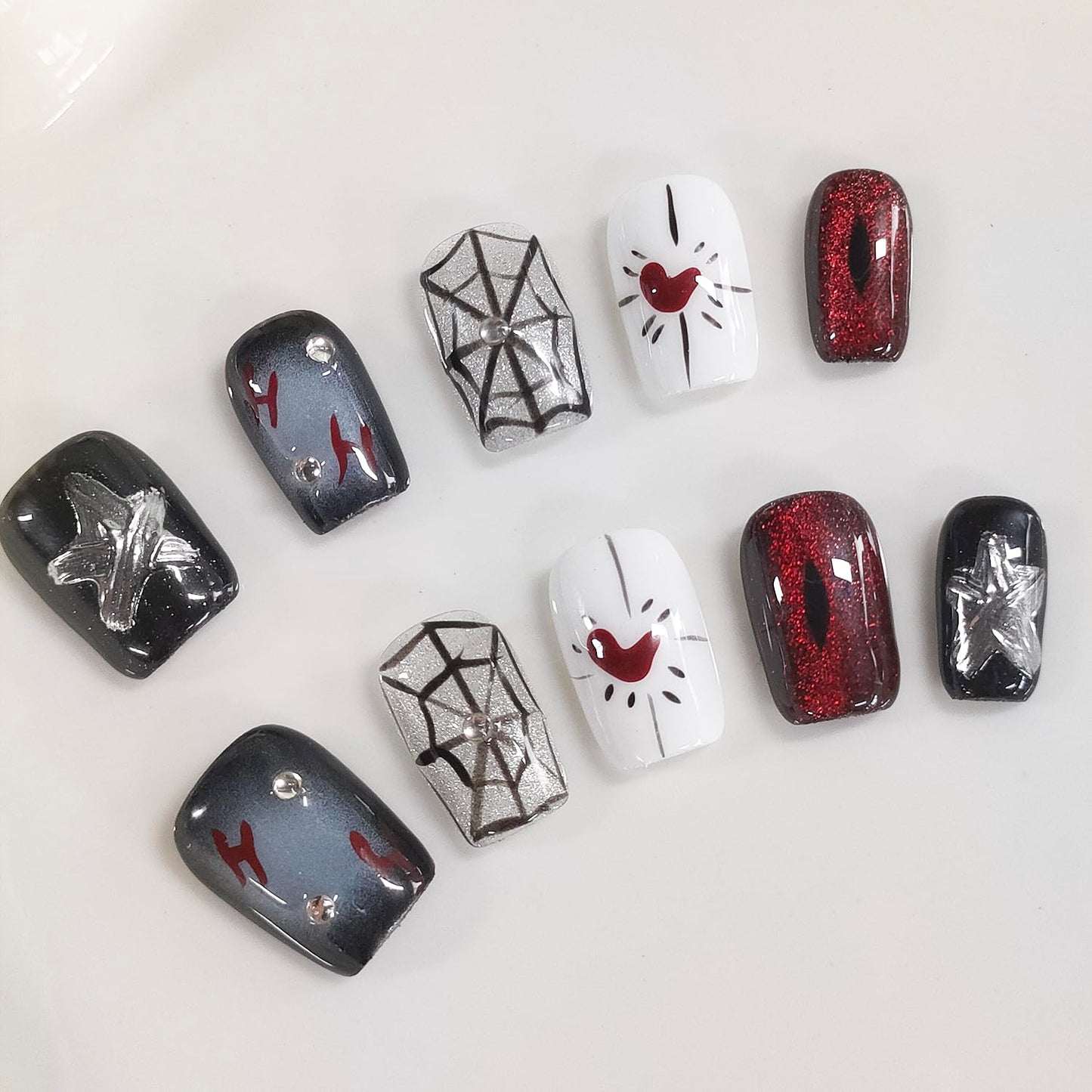 Halloween Press on Nails Short Square Handmade Acrylic Nails 3D Thick Fake Nails with Rhinestones Spider Web Stars Designs Sparkly Black&Red Sturdy Art False Press on Nail 10Pcs(S)