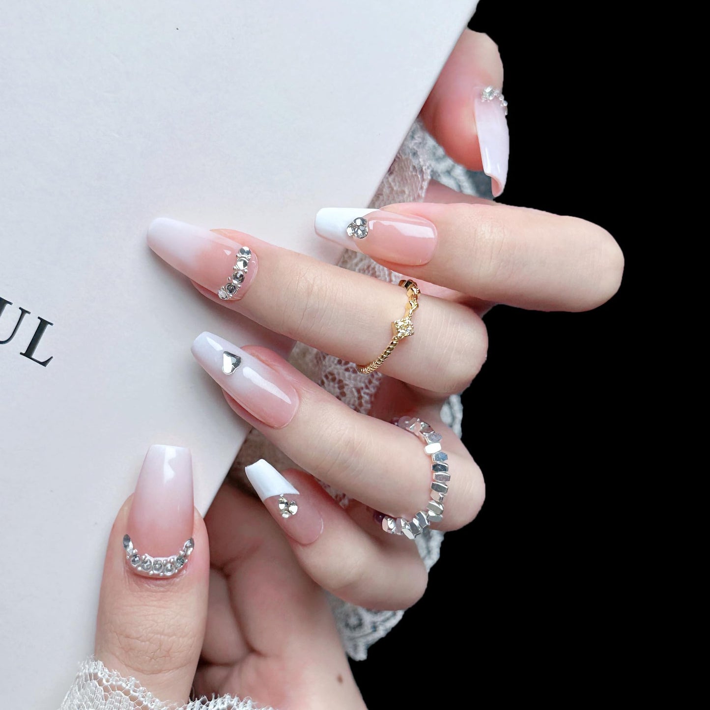 Handmade Press On Nails impress French Fake Nails Medium Square Coffin 3D White and Pink Crystal Manicure False press ons Nail Artificial (M size)