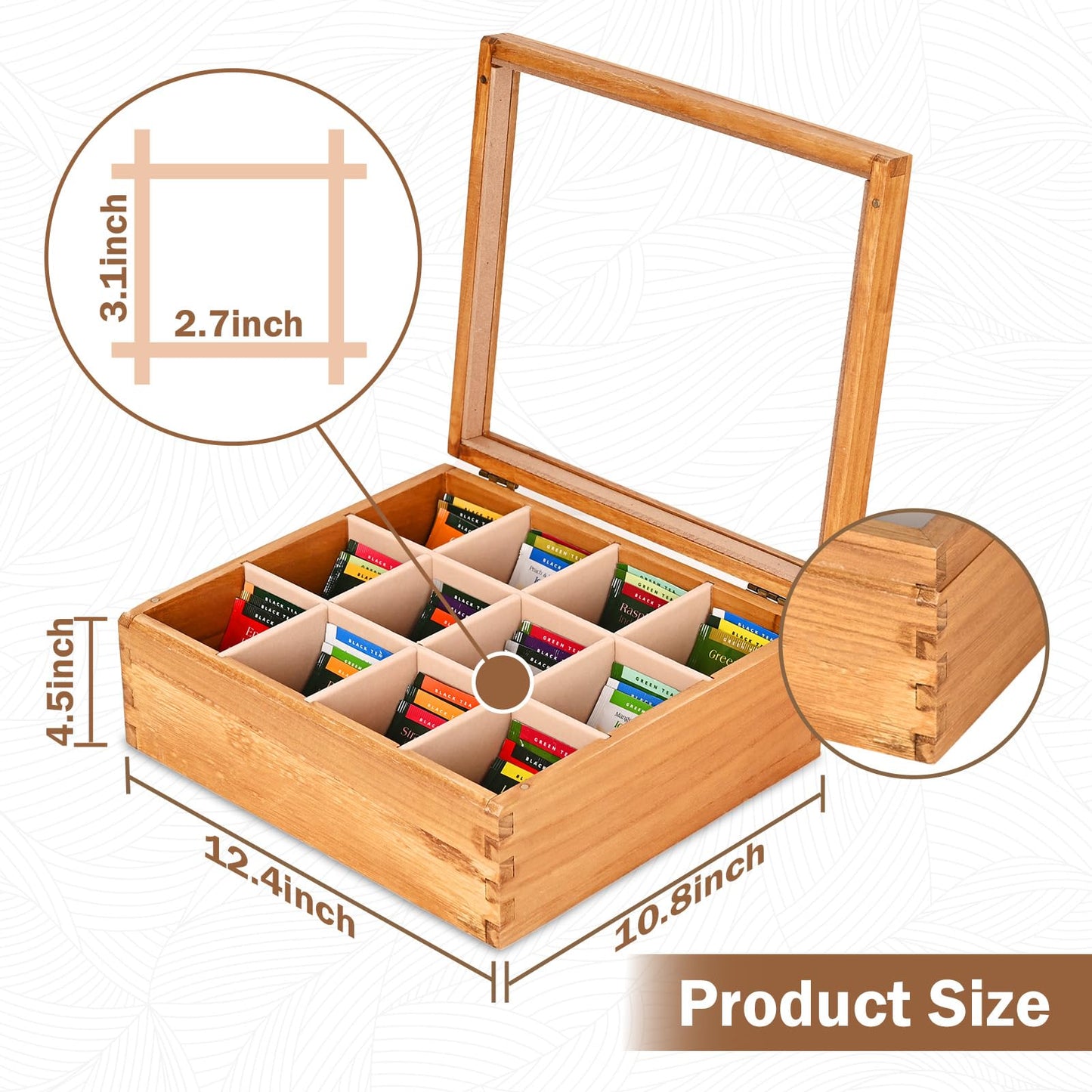 Ll.TOPWP Wood Tea Box Organizer 12 Compartment Multi-Functional Storage Box with Clear Acrylic Window,Tea Bag Holder for Cabinet.