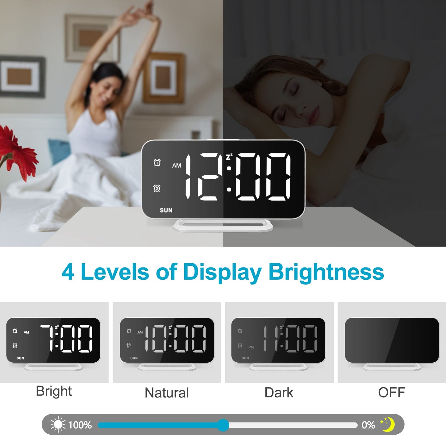 Slim LED Digital Alarm Clock, Mirror Surface for Makeup, with Diming, Large Display, Easy Setting, USB Charger Ports, Modern Bedroom, Desk, Office Living Room Decor, Christmas Birthday for Women Girl