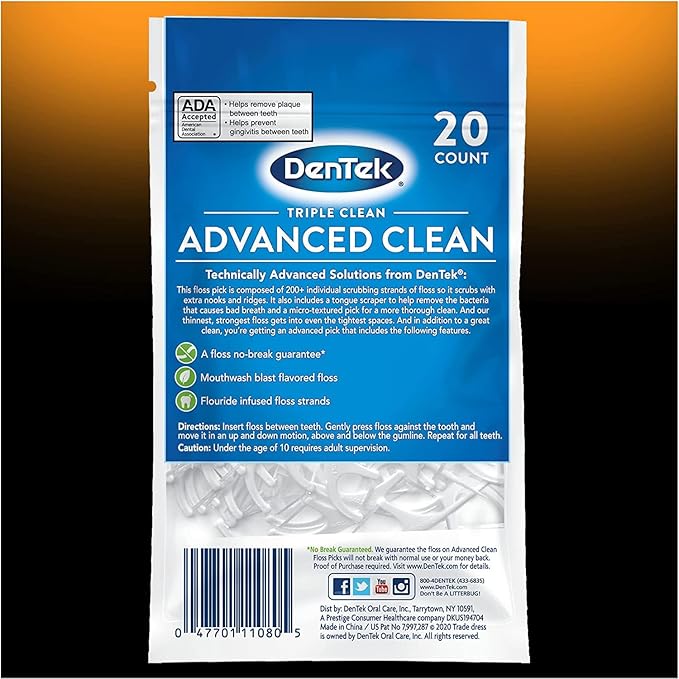 DenTek Triple Clean Advanced Clean Floss Picks, No Break & No Shred Floss, 20 Count (Pack of 1)