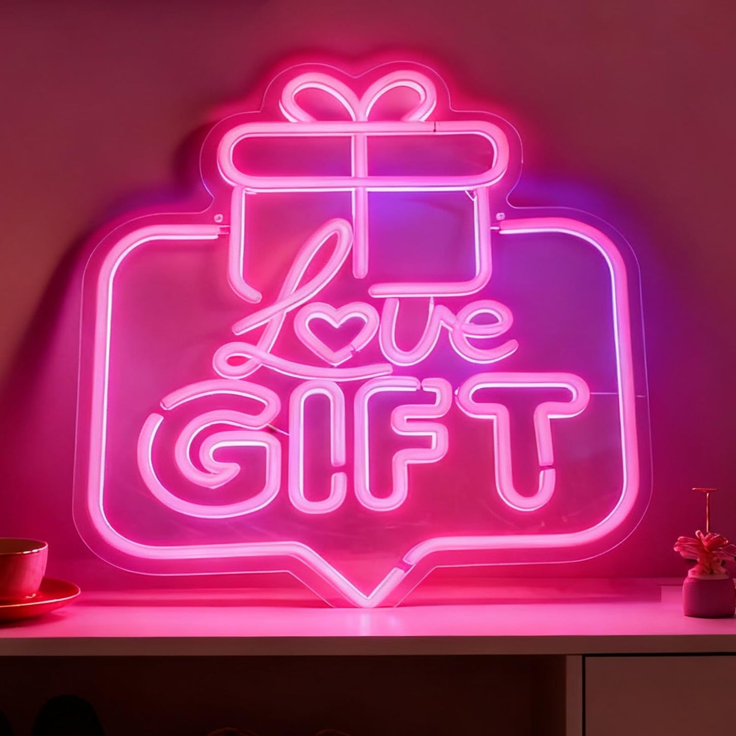 Love Gift Pink LED Neon Sign, Present Box Shape Neon Decor, USB Powered Decorative Neon Light for Gift Shop Signage Retail Store Display Party Event Bedroom Wall Table Accent 16.1 x 13.2 In