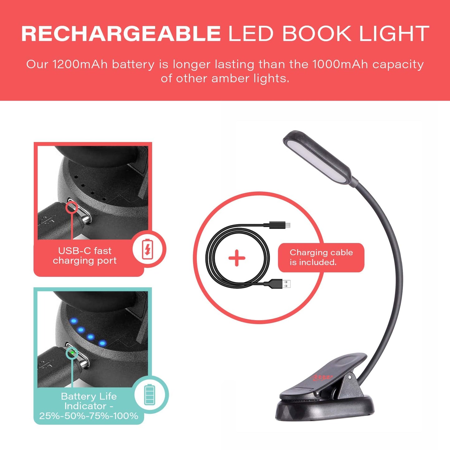 hooga Amber Book Light – Blue Light Blocking Reading Light for Bed, Stepless Dimming, Rechargeable Clip-On Night Light, 1600K Amber & 625nm Red LED for Night Reading