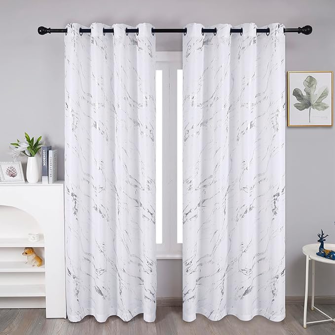 Taisier Home Silver Foil Print Linen Textured Curtains - Geometric Marble Pattern Design for Living Room - Light Filtering Window Treatment, 2 Panels, 95" L, White and Silver