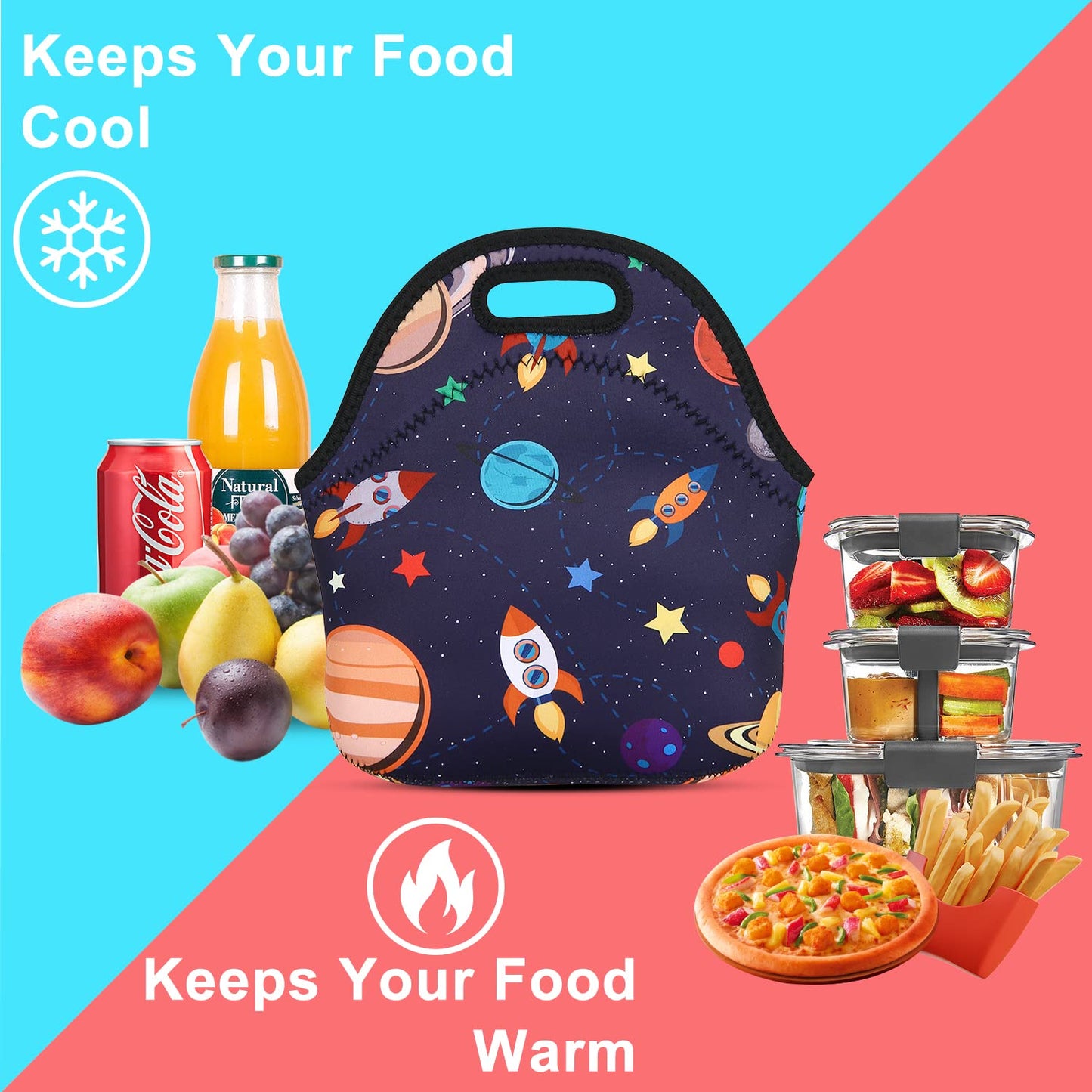 Violet Mist Women's Reusable Neoprene Lunch Bag, Space Rocket, Unisex, 11.4"L x 10.43"H x 5.51"W, 8.7 inches, fits containers up to 7"W
