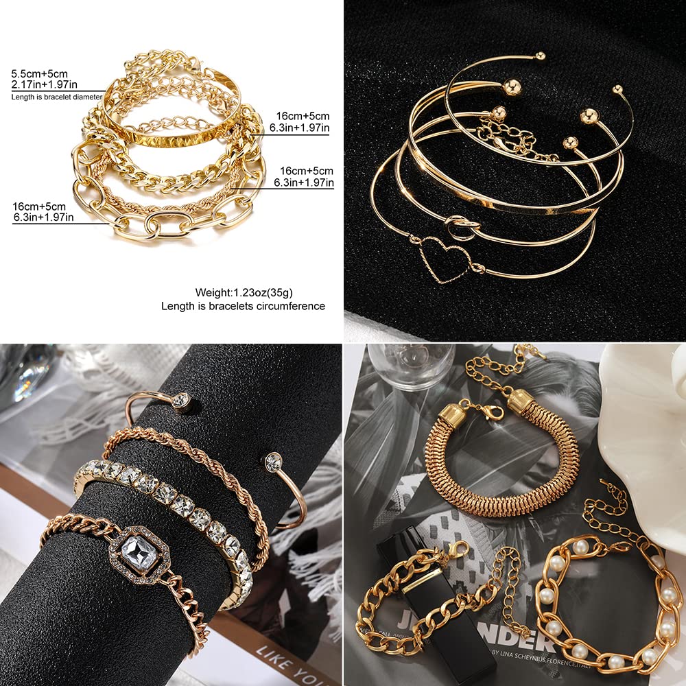KISS WIFE 15 Pcs Golden Bracelets Set for Women, Multiple Layered Stackable Open Cuff Bangle, Adjustable Cuban Link Chain Tennis Bracelet Pack, Dainty Classic Aesthetic Jewelry