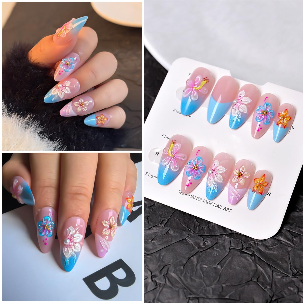 24Pcs 3D Flower Press on Nails Medium Almond French Tip Fake Nails Tropical Floral False Nails with Rhinestones Pink Blue Gradient Acrylic Nails Reusable Full Cover Stick on Nails for Women Manicure