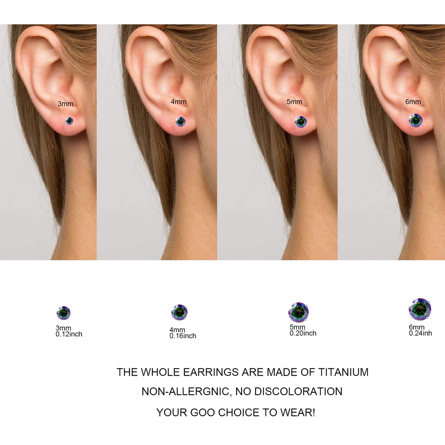 1 Pair Implant Grade Titanium Stud Earrings Set Hypoallergenic 3mm 4mm 5mm 6mm Cubic Zirconia G23 Titanium Earring Studs for Women Men for Sensitive Ear (3mm VM)