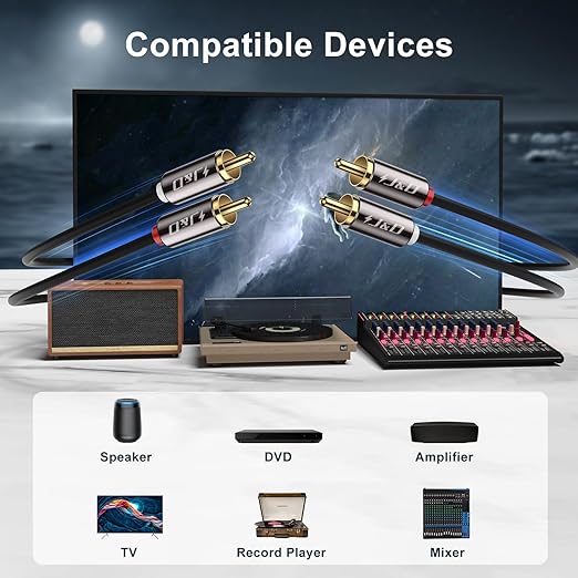 J&D 2 RCA M/M Stereo Audio Cable, Gold-Plated 2RCA Male to 2RCA Male Copper Shell Auxiliary Audio Cord for Home Theater HDTV Amplifiers Hi-Fi Systems Speakers, RCA Audio Cables, 7 Feet