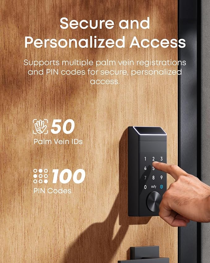 eufy FamiLock E34 Smart Lock with Palm Vein Recognition - Keyless Entry Door Lock for Front Door, Wi-Fi Keypad Deadbolt, ANSI/BHMA Grade 1, Auto Lock, Voice Control, IP65 Waterproof, No Monthly Fee