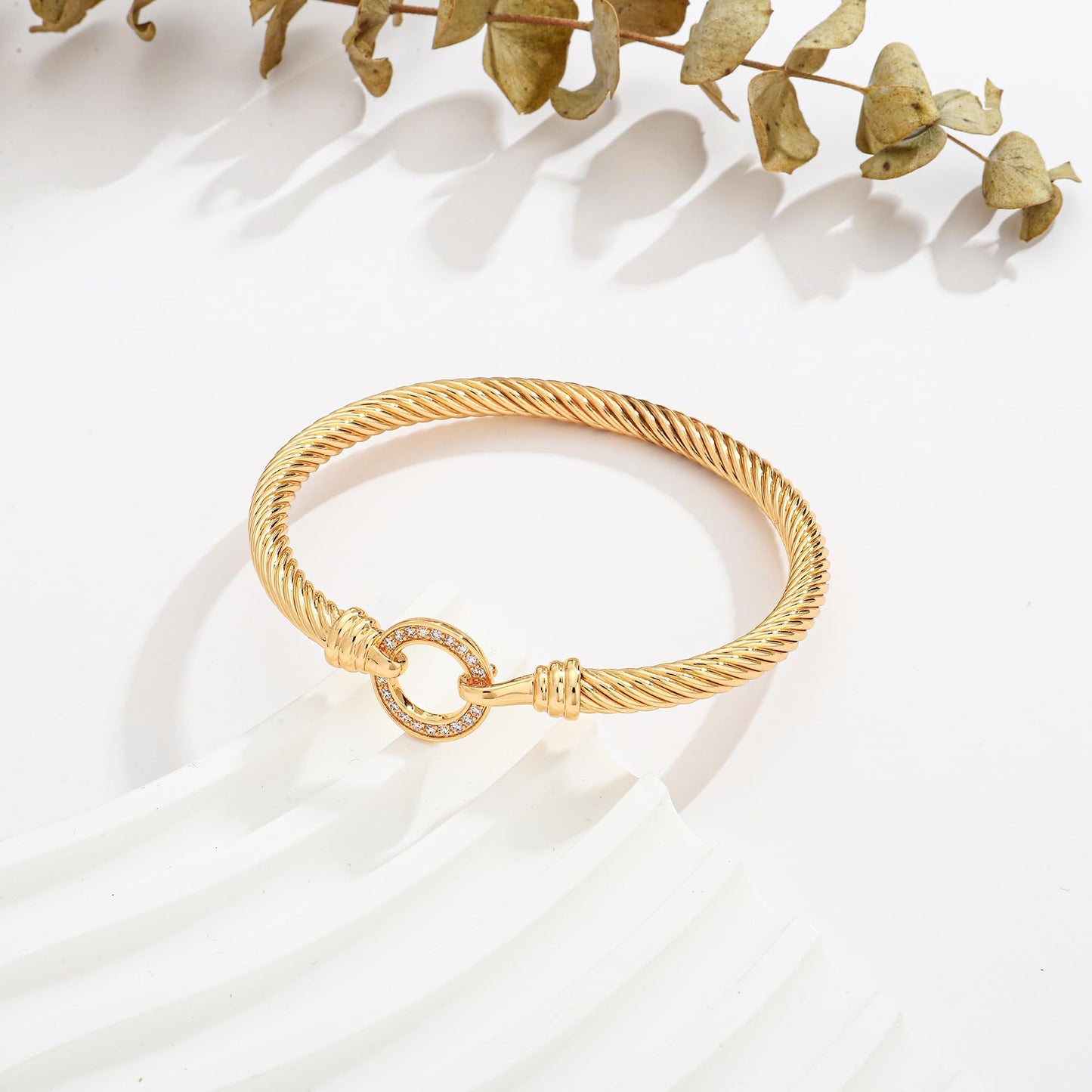 WOWORAMA Gold Twisted Cable Wire Bracelet for Women Stainless Steel Gold Plated Cable Cuff Bracelets with CZ Circle Clasp Bangle Bracelets Minimalist Jewelry