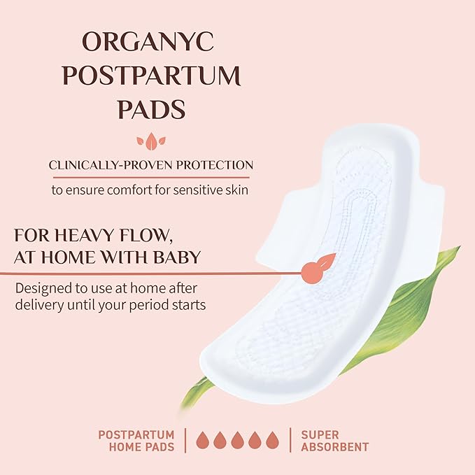 Organyc Home Postpartum Pads, Certified Organic Cotton Pads for Women, Large Pads for Heavy Flow Days After Childbirth, 14 Counts