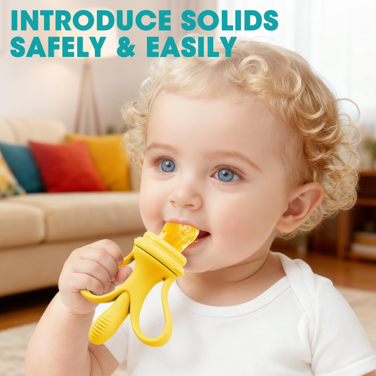 JEXFUN Baby Fruit Feeder & Breastmilk Popsicle Mold Set, Silicone Food Feeder Pacifier for Cooling Relief with 3 Replaceable Pouches, BPA-Free Teething Toy for Safe Infant Self Feeding (Banana Yellow)