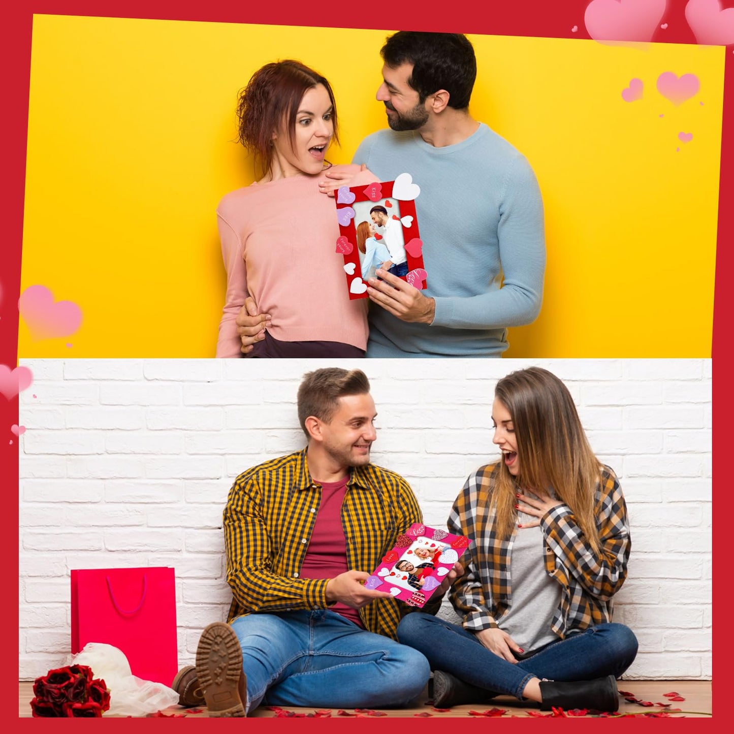 Ferraycle 232 Pieces Valentines DIY Picture Frames Craft Kit 32 Pcs Photo Frames with 200 Pcs Heart Shaped Foam Stickers for Valentine‘s Day, Craft Art, Home Decor(Rectangular Shape)