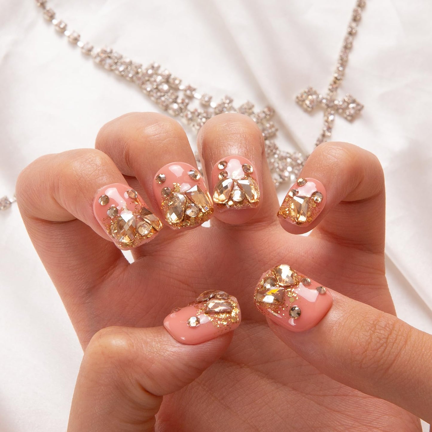 LOVFUL Press on Nails Stardust Gold Rhinestone | Handmade with Full Covered Crystals | Reusable Fake Nails | Square Short 0.8 in | H84-S