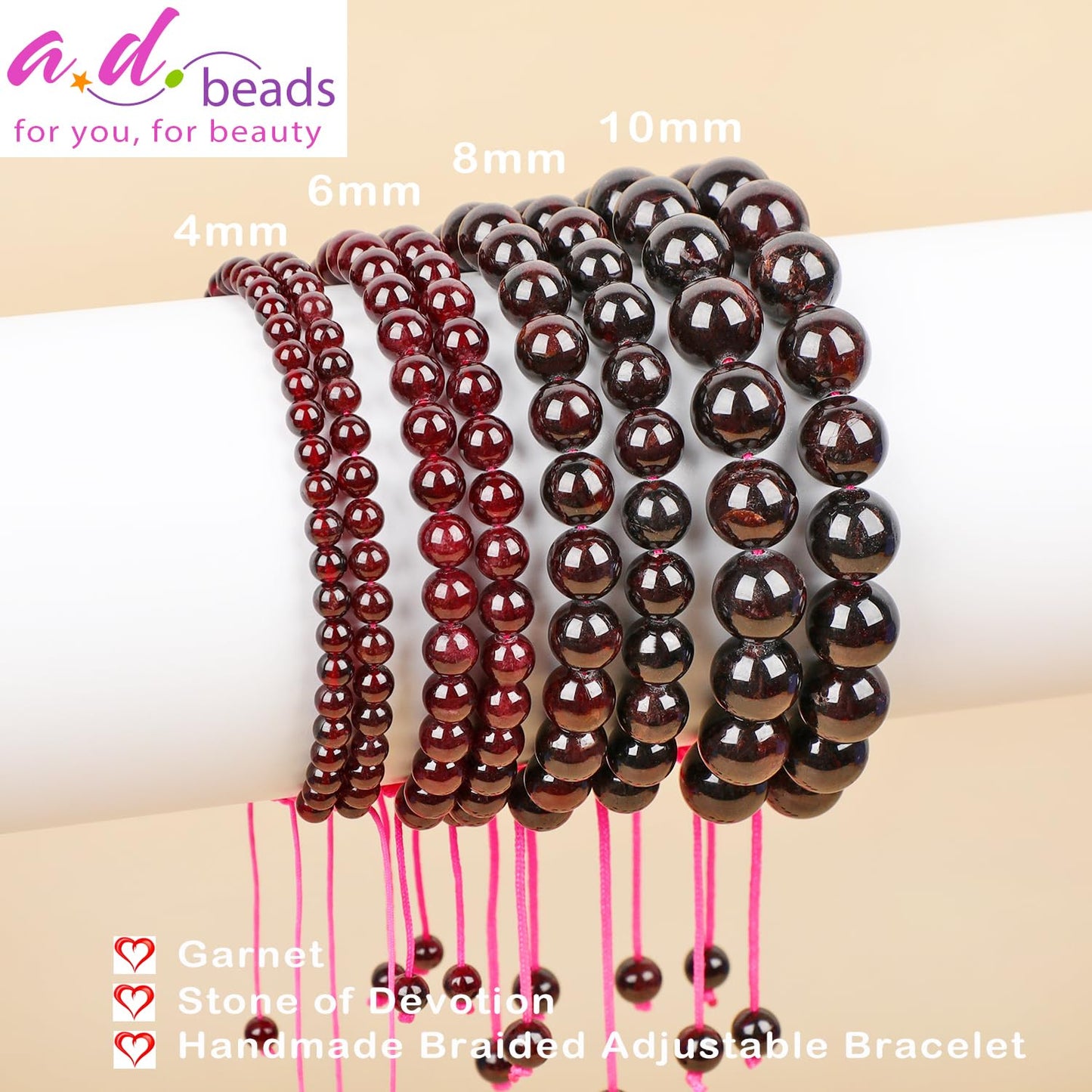 AD Beads 4mm Garnet Bracelet - Stone of Devotion - Handmade Natural Stone Crystal Bracelet with Adjustable Macrame String - Yoga Healing Power Energy Gifts for Men and Women
